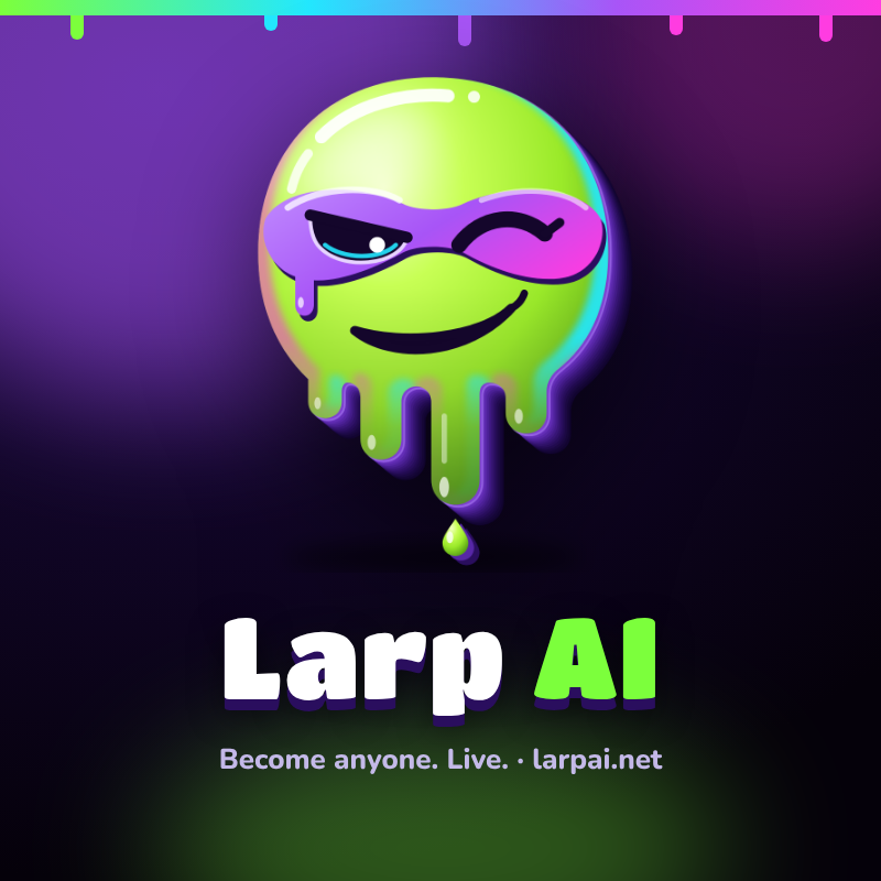 Larp AI square banner: mask above the 3D wordmark